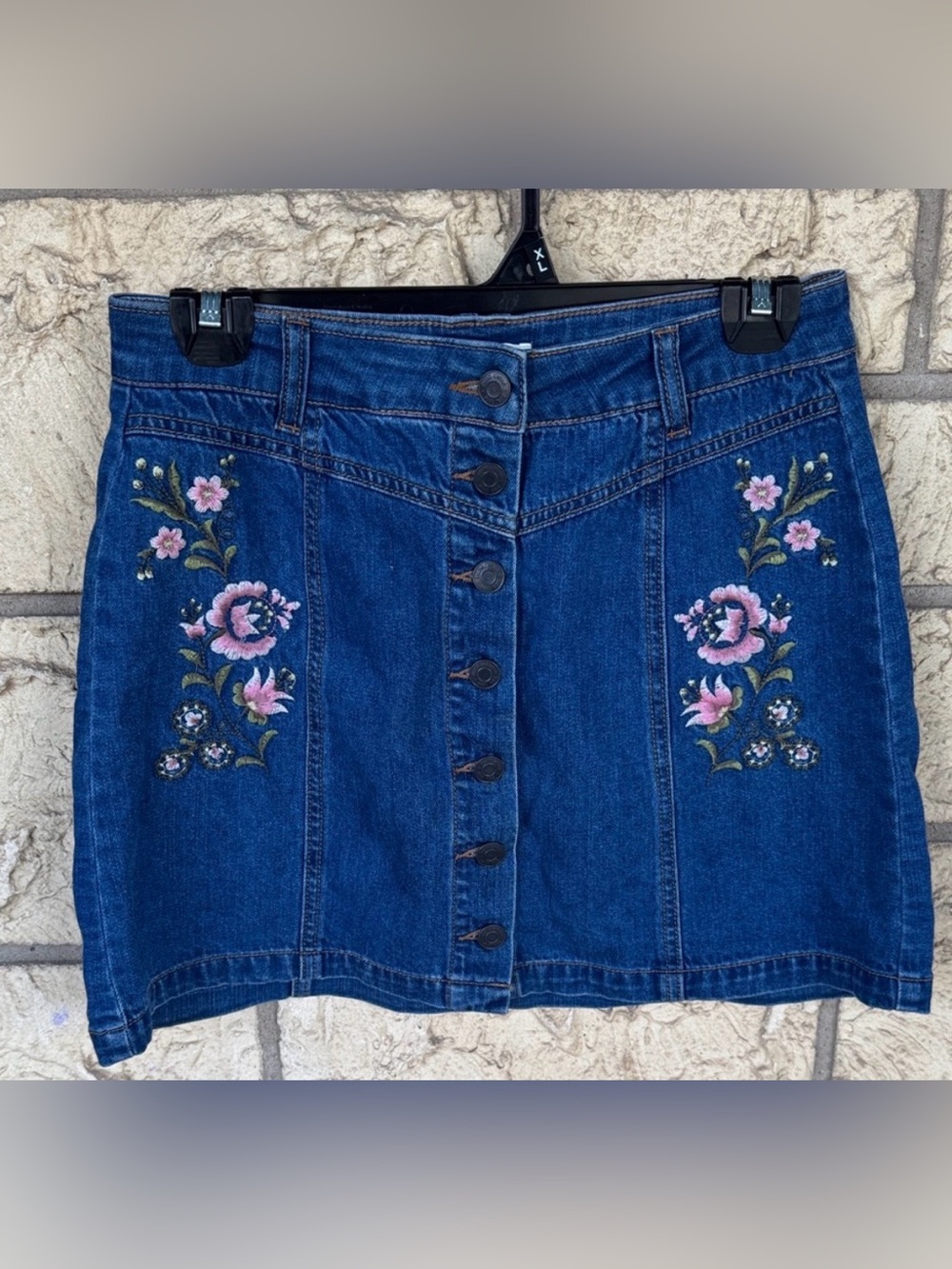 Mudd Blue Denim Skirt with Pink Floral Embroidery Size 9